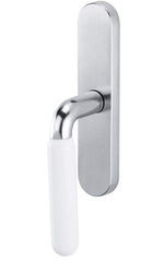 Chrome door handle with white lever on a white background