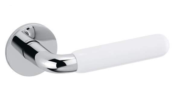 Chrome door handle with white handle on a white background