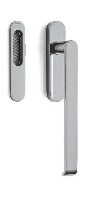 Silver door handle and lock mechanism on a white background