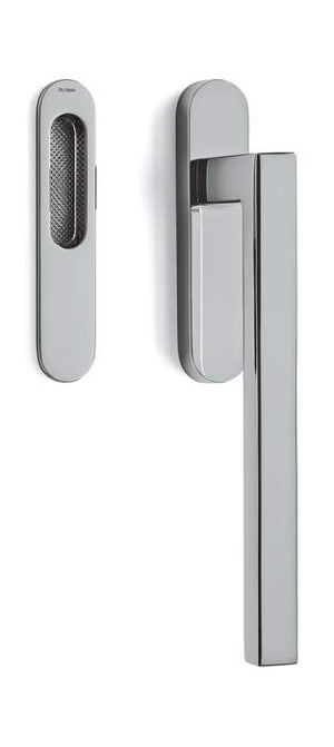Silver door handle and lock mechanism on a white background