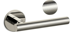 Polished chrome door handle on a white background