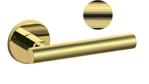 Gold door handle with a close-up inset on a white background