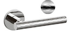 Chrome door handle with textured design on a white background