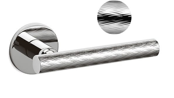 Chrome door handle with textured design on a white background