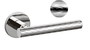 Chrome door handle with textured design on a white background