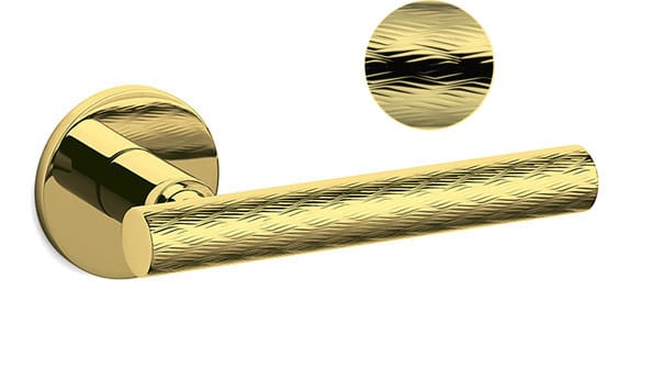 Gold door handle with a close-up inset on a white background