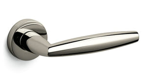 Polished chrome door handle on a white background