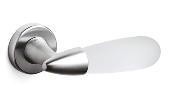 Silver door handle with white lever on a white background