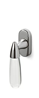 Chrome door handle with a clear glass knob on a white background