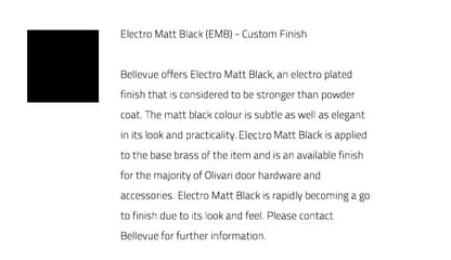 Text description of Electro Matt Black finish on a white background