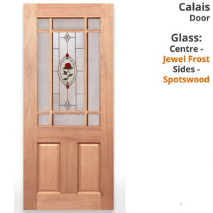 A tall wooden Calais door with a natural light brown wood finish, featuring a multi-paneled glass insert with a central jewel frost panel containing a red rose design. Text on the right identifies the door type and glass options, with the Crown Doors logo at the bottom right.
