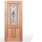 A tall wooden Calais door with a natural light brown wood finish, featuring a multi-paneled glass insert with a central jewel frost panel containing a red rose design. Text on the right identifies the door type and glass options, with the Crown Doors logo at the bottom right.