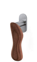 Wooden handle on a metallic door lever against a white background