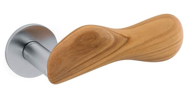 Wooden door handle with silver metallic finish on a white background