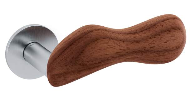 Door handle with wooden grip and metallic finish on a white background