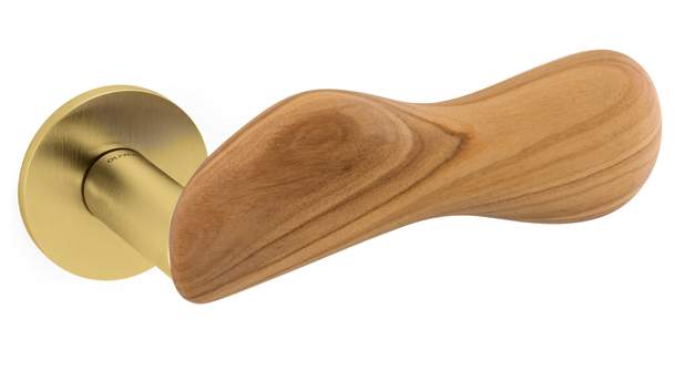 Door handle with wooden grip and gold metallic finish on a white background