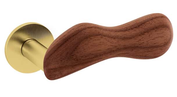 Wooden door handle with gold cylindrical mechanism on a white background