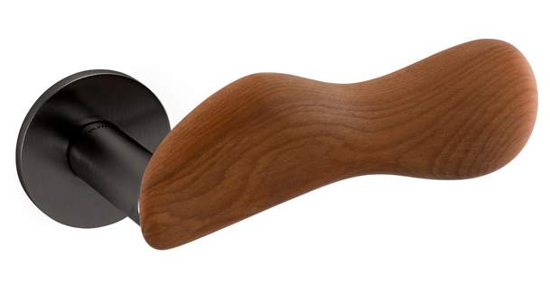 Door handle with wooden grip and black metal finish on a white background