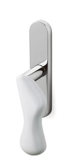 White door handle with silver finish on a white background