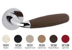 Door handle with brown handle and silver trim on a white background, with color swatches below.
