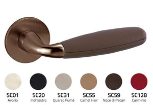 Door handle with color swatches indicating available finishes on a white background