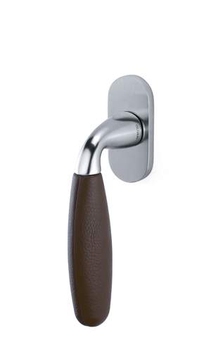 Door handle with brown grip and silver finish on a white background