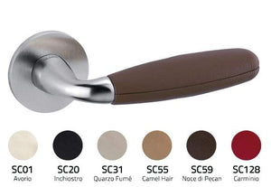 Door handle with brown handle and silver finish, color swatches below on a white background