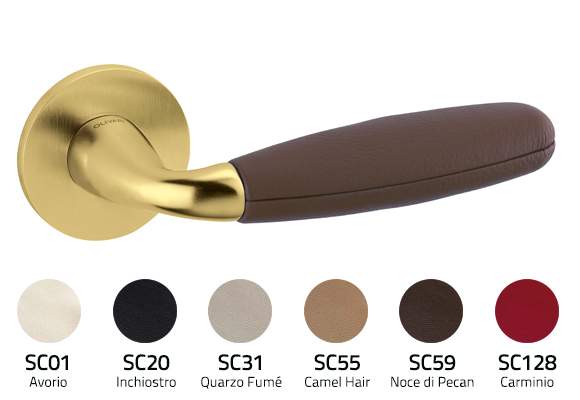 Door handle with brown handle and gold lever on a white background, with color swatches below.