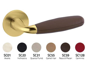 Door handle with brown handle and gold lever on a white background, with color swatches below.