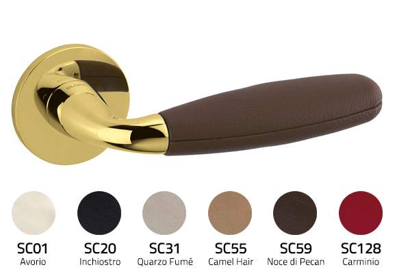 Door handle with brown handle and gold trim, accompanied by color swatches below.