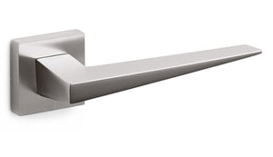 Metallic door handle on a white background