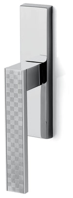 Chrome door handle with textured side on a white background