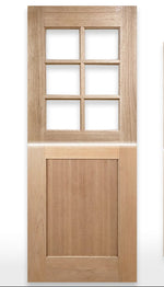 Wooden door with glass panels labeled 'Dutch-6L Shaker Door' by Crown Doors.