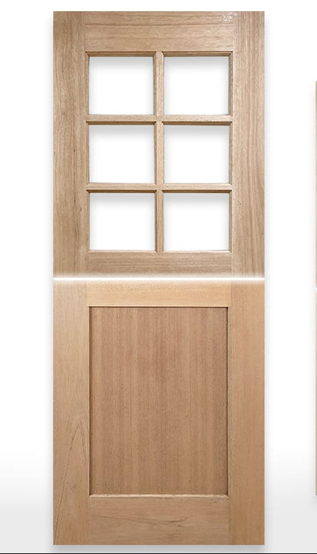 Wooden door with glass panels labeled 'Dutch-6L Shaker Door' by Crown Doors.