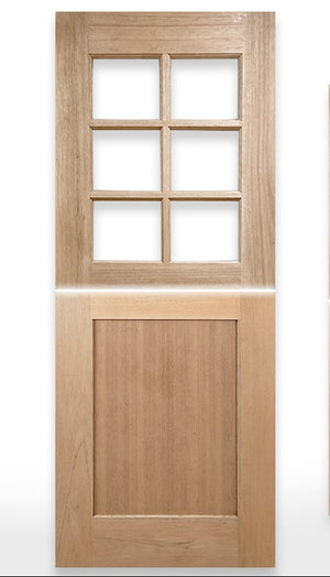 Wooden door with glass panels labeled 'Dutch-6L Shaker Door' by Crown Doors.