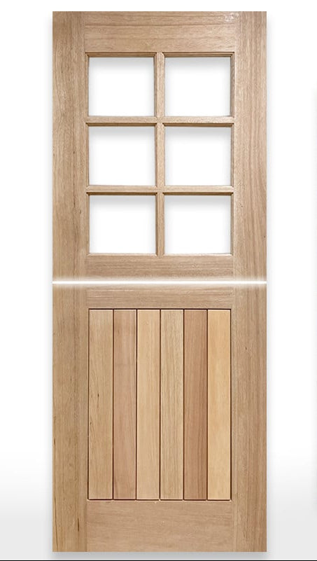 Wooden door with V-groove design and 'Crown Doors' logo.