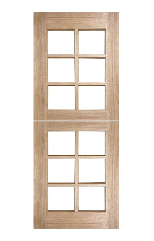 Wooden door with glass panels on a white background, branded 'Crown Doors'.