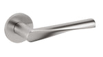 Stainless steel door handle on a white background