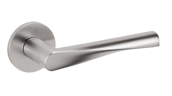 Stainless steel door handle on a white background