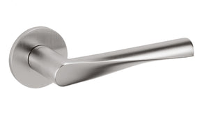 Stainless steel door handle on a white background