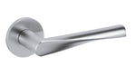 Stainless steel door handle on a white background