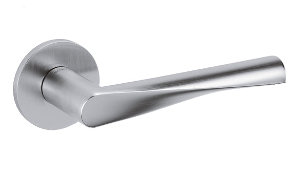 Stainless steel door handle on a white background