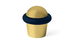 Gold-colored object with a navy blue band on a white background