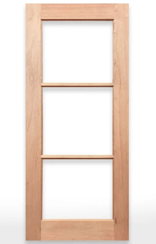 Wooden French door with three glass panels on a white background, branded as Crown Doors.