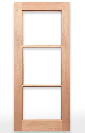 Wooden French door with three glass panels on a white background, branded as Crown Doors.