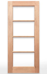 Wooden door with four glass panels labeled 'French 4L Door' on a white background, featuring the Crown Doors logo.