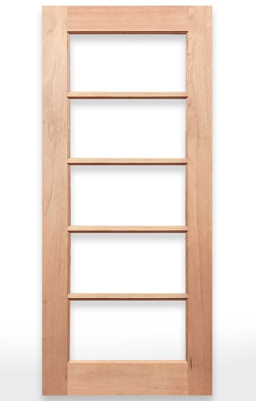 Wooden door with glass panels labeled 'French 5L Door' by Crown Doors on a white background