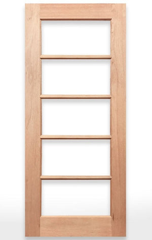 Wooden door with glass panels labeled 'French 5L Door' by Crown Doors on a white background