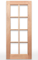 Wooden French door with eight glass panels on a white background, branded as Crown Doors.