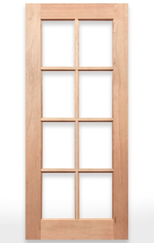 Wooden French door with eight glass panels on a white background, branded as Crown Doors.